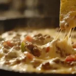 A bubbling skillet of Smoked Queso Dip with melted cheese, chorizo, jalapeños, and tomatoes, served with tortilla chips