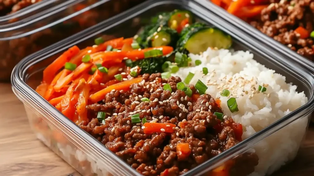 korean ground beef bulgogi 6 A meal prep container with Korean Ground Beef Bulgogi, rice, and vegetables, ready for easy lunches.