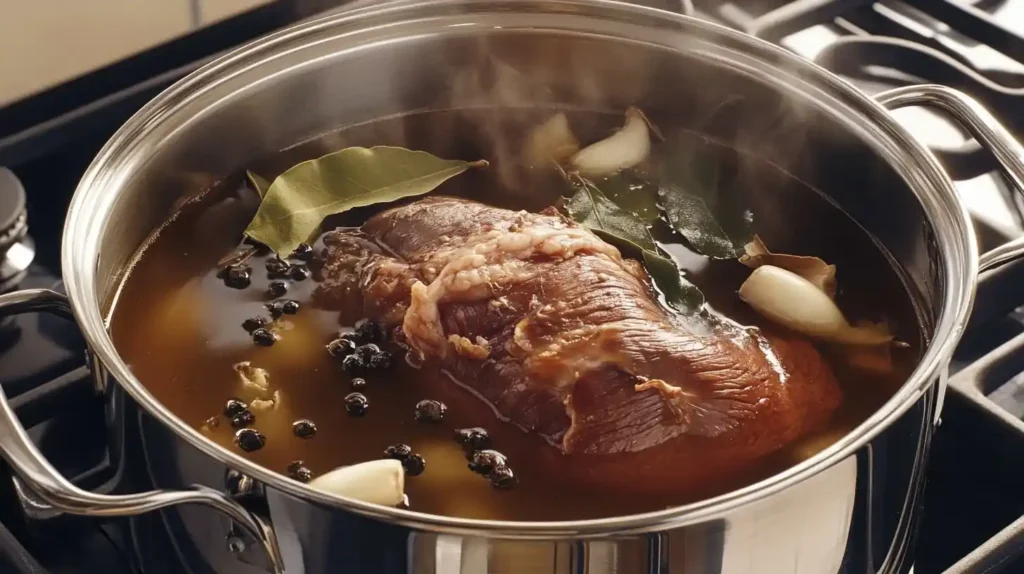 Beef Tongue Tacos.Irresistibly Delicious 4 A pot of slow-cooked beef tongue simmering with garlic, onions, bay leaves, and black peppercorns, releasing rich, savory flavors.