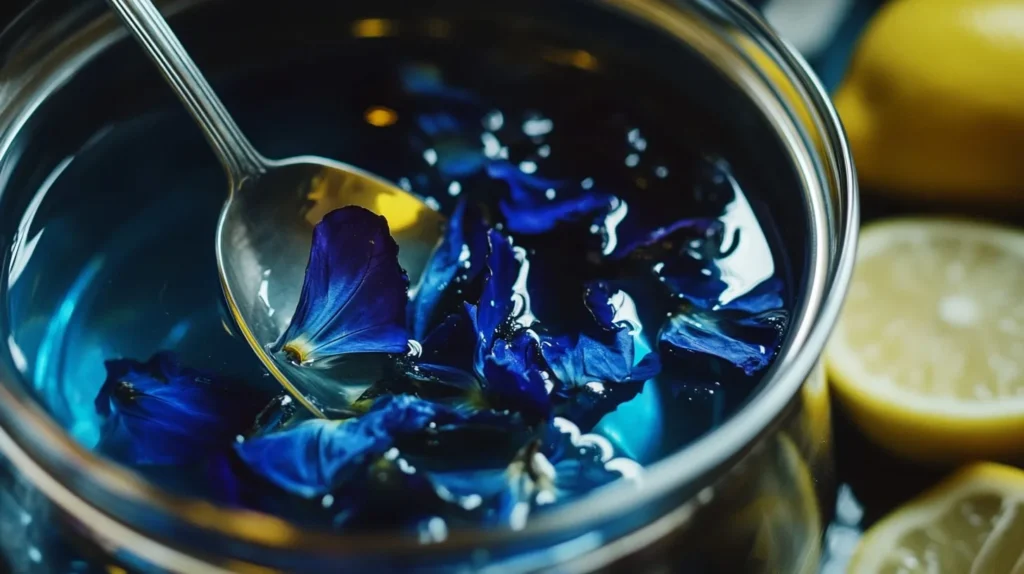 How Can I Make My Lemonade Blue? 5 Easy and Fun Tips 3 Butterfly pea flowers steeping in hot water, creating a deep blue natural color for lemonade.