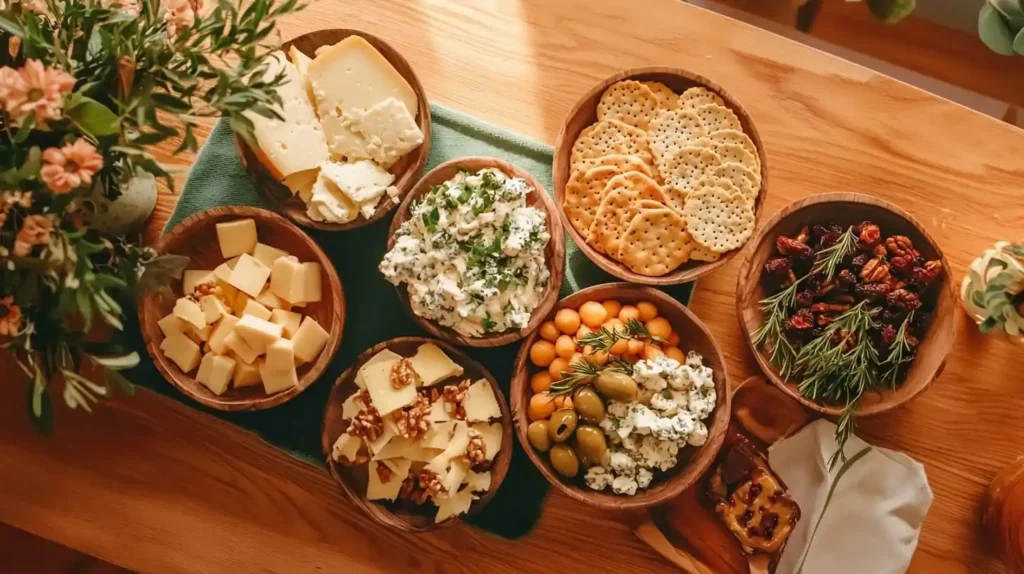 What Goes on a Cheese and Cracker Tray? Essential Components 2 What Goes on a Cheese and Cracker Tray? - the 5 essential food groups: cheese varieties, crackers & bread, fresh elements, savory complements, and sweet accents