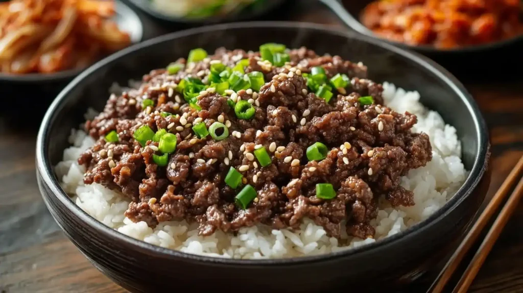 korean ground beef bulgogi 2 What Is Korean Ground Beef Bulgogi.served over rice, garnished with sesame seeds and green onions, with kimchi on the side.
