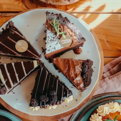 What Is The World's Most Famous Chocolate Cake? 3 Four slices of the What Is The World's Most Famous Chocolate Cake?: Sachertorte, Devil's Food, Black Forest, and Chocolate Lava Cake arranged on an elegant platter
