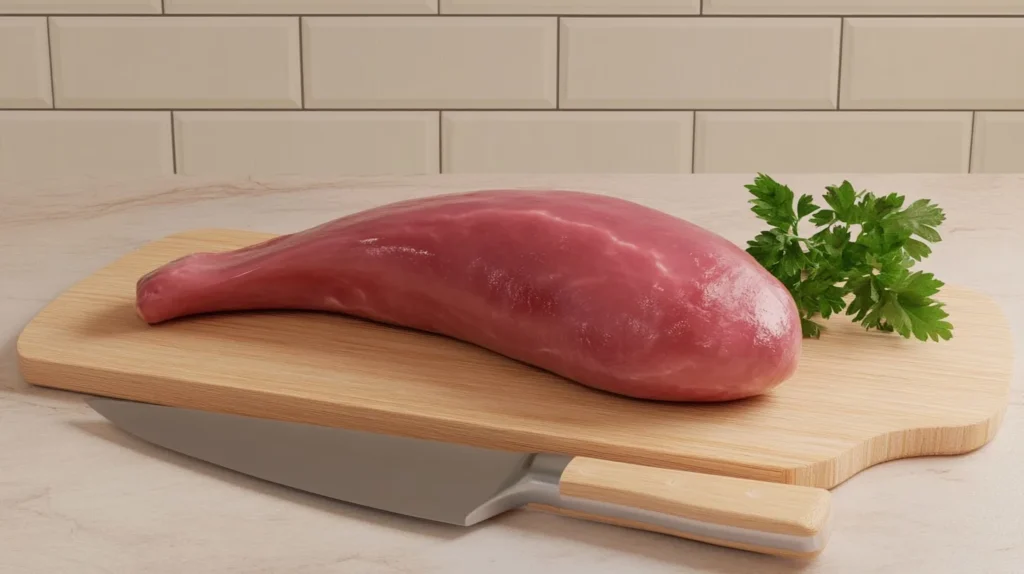 What kind of meat is beef tongue.5 Fascinating Facts 2 Raw beef tongue on a wooden cutting board, showing its natural texture and thick outer skin.What kind of meat is beef tongue