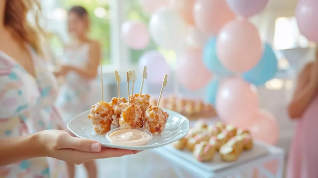 Why Are Meatballs Served at Baby Showers? 2 A baby shower guest enjoying a plate of meatballs, with decorations and gifts in the background.