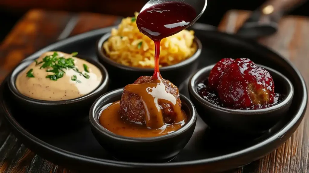 How to Make Meatballs for a Baby Shower Perfect in 5 Steps 2 Why Meatballs Are The Perfect Baby Shower Appetizer.variety of sauces for baby shower meatballs, including BBQ, Swedish sauce, and cranberry glaze.
