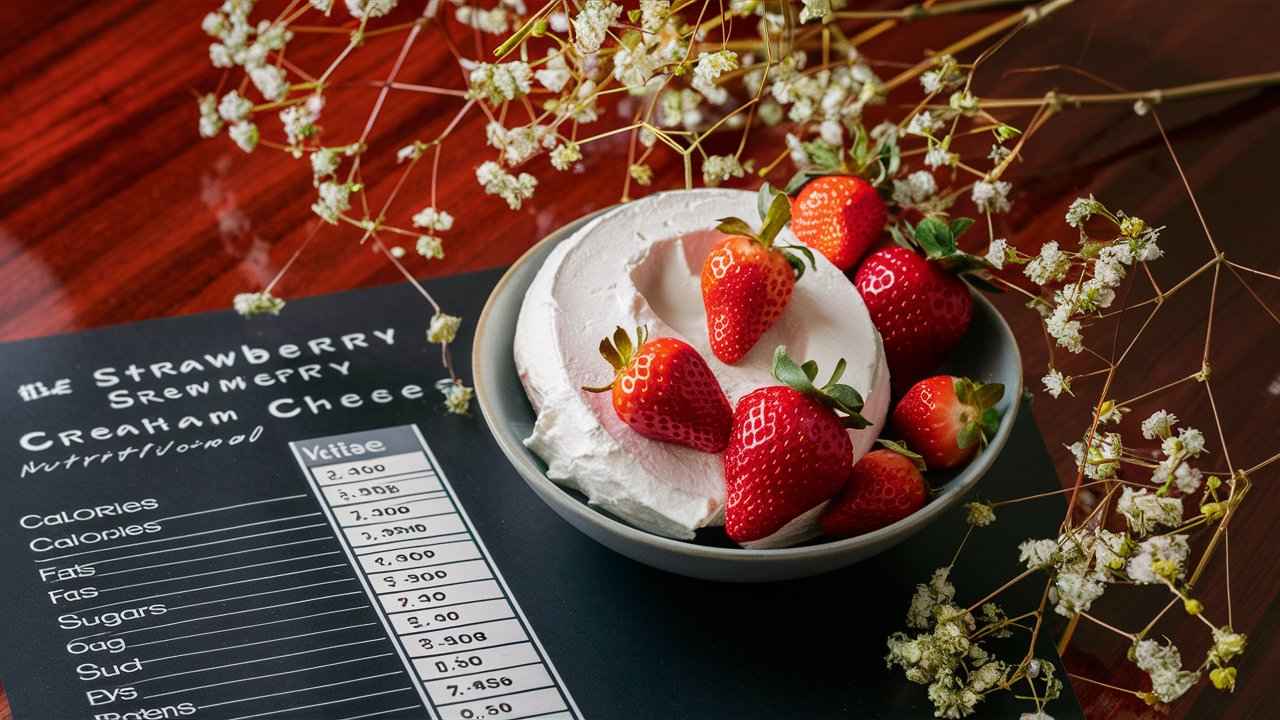 Nutritional chart for strawberry cream cheese with a bowl of cream cheese.for Strawberry cream cheese calories
