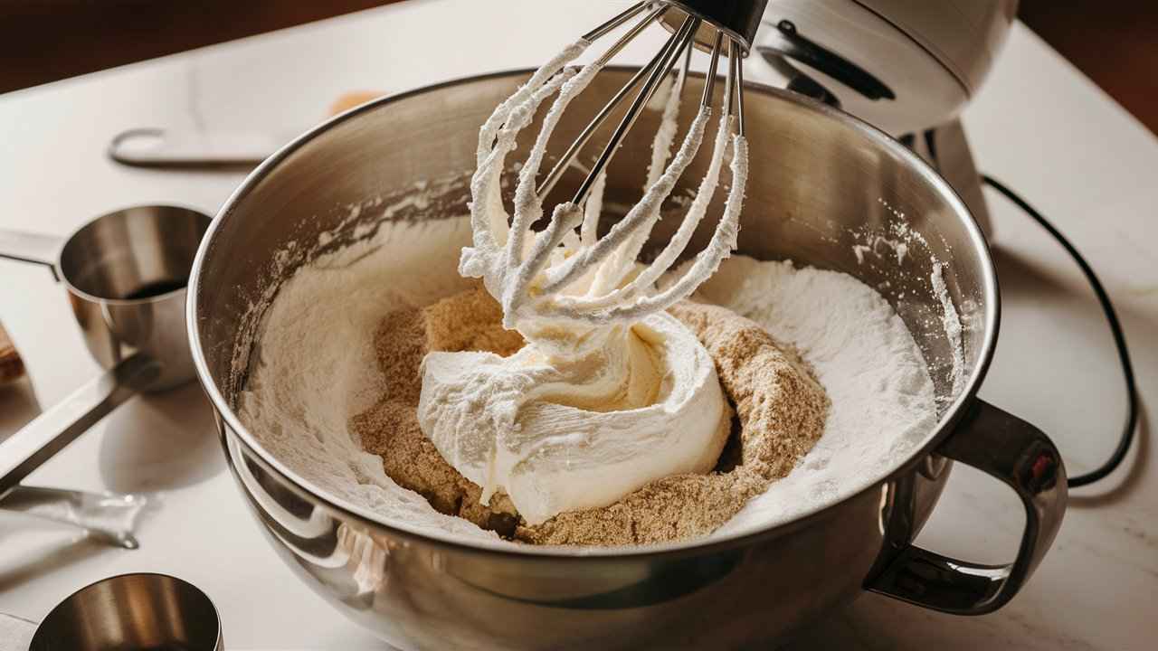 A mixing bowl with softened cream cheese and powdered sugar being whipped together.for What is cream cheese dip made of?