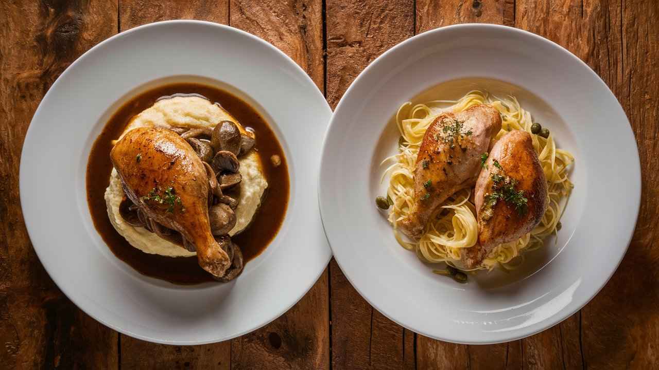 Chicken Marsala and Chicken Piccata dishes side-by-side, showcasing their distinct flavors and presentations.What's the difference between Marsala and Piccata?