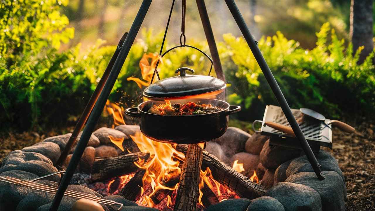 Dutch oven hanging over a campfire surrounded by greenery and cooking tools.for Is a Dutch oven good for camping