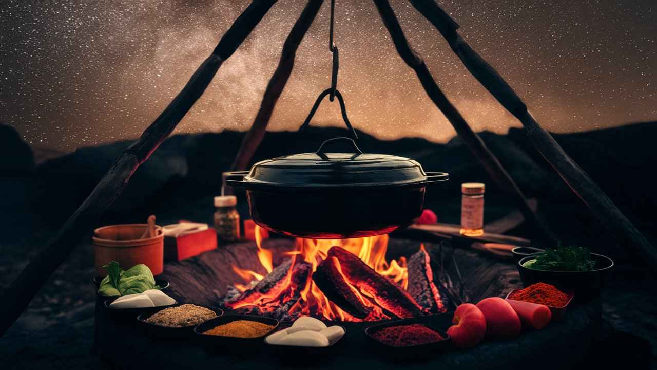 Rustic campfire with a Dutch oven hanging over glowing embers, surrounded by fresh vegetables and spices under a starry night sky.Dutch oven camping recipes
