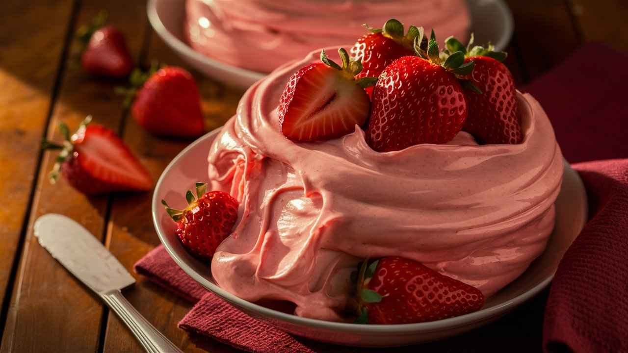 Bowl of strawberry cream cheese with fresh strawberries.