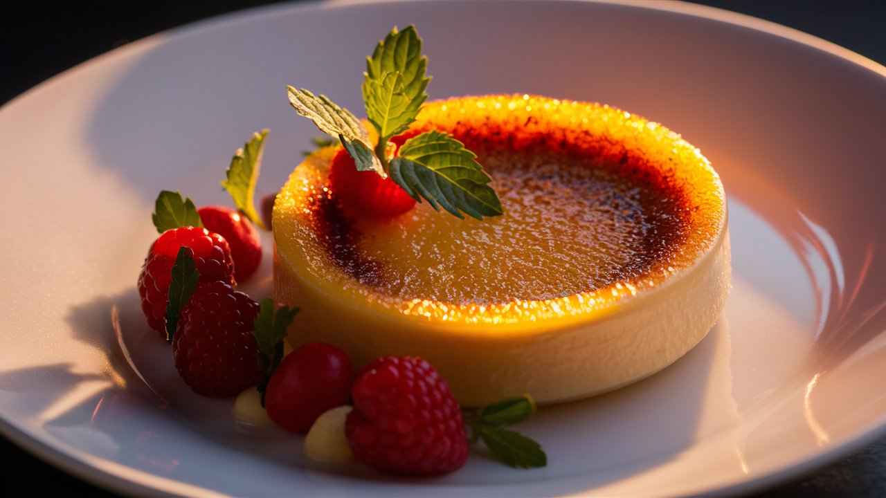 A beautifully presented crème brûlée with berries and mint.a What is the secret to crème brûlée?
