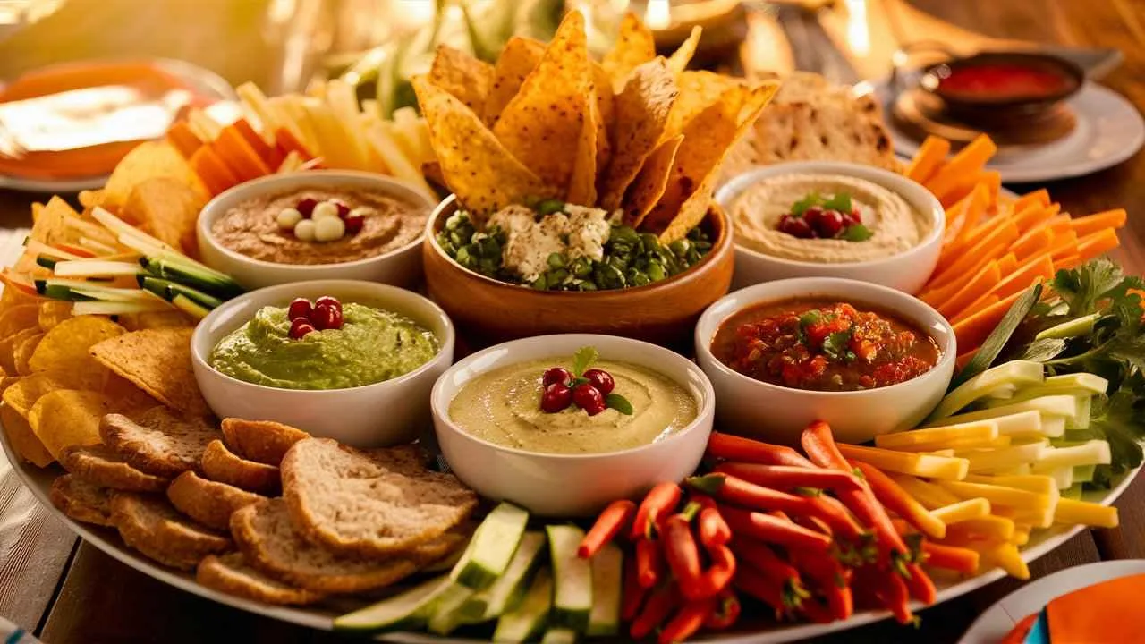What are different kinds of dips?.A table filled with different dips like guacamole, hummus, and salsa with assorted dippers