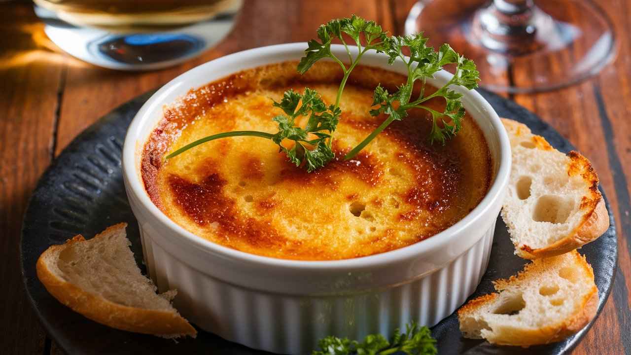"Golden-brown crab brulee served with toasted baguette slices on a rustic table.".Crab Brulee Recipe