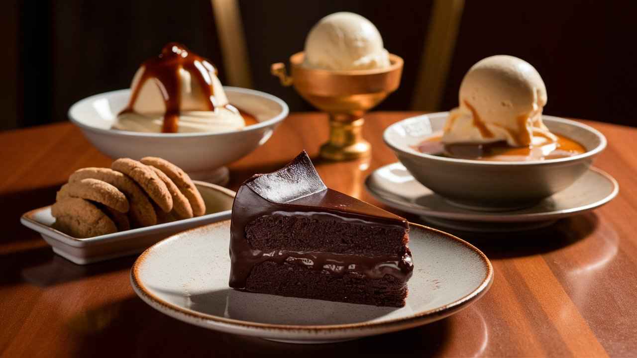 .A table showcasing the 4 major types of desserts: a cake, cookies, custard, and ice cream, each presented in a stylish way.What are the 4 major types of desserts?