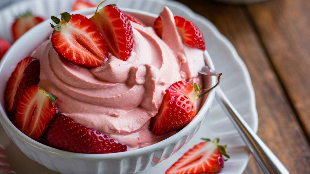 Bowl of strawberry cream cheese with fresh strawberries.for What does strawberry cream cheese taste like?