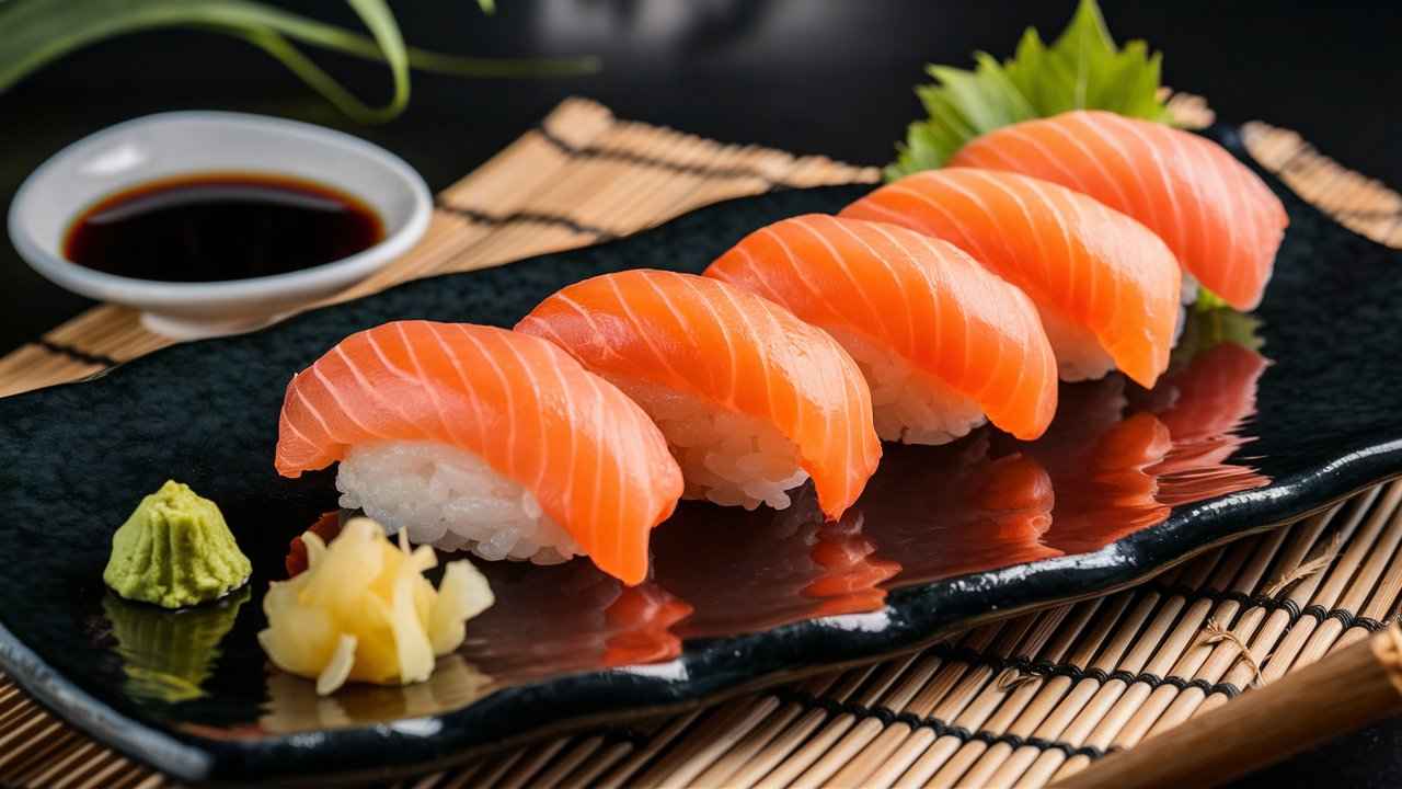 "Classic salmon nigiri plated with soy sauce, wasabi, and pickled ginger on a black plate.".What does salmon nigiri taste like?