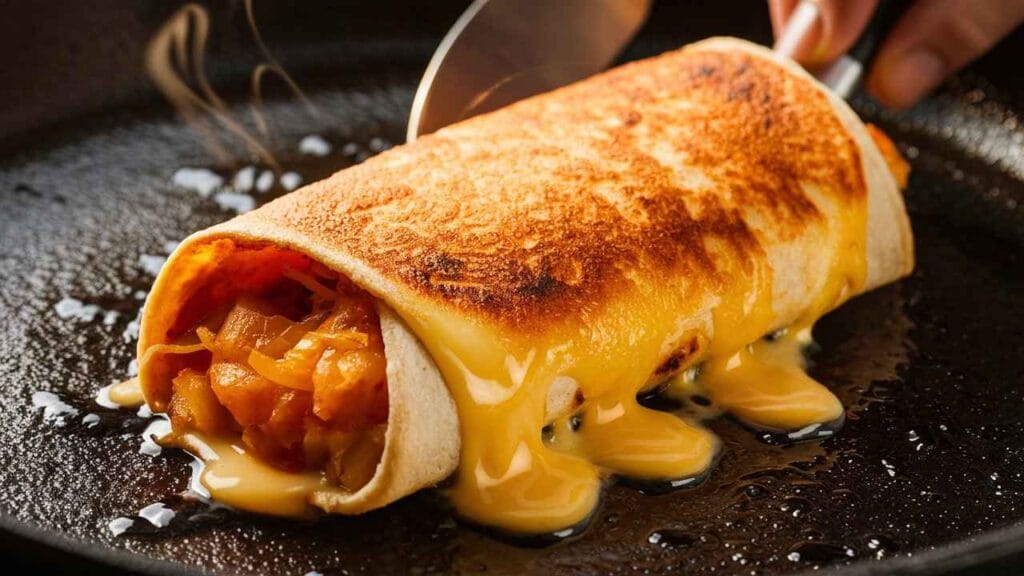 What is the grilled cheese burrito made of?5 Irresistible Ingredients 5 A golden-brown grilled cheese burrito sizzling on a skillet.What is the grilled cheese burrito made of?