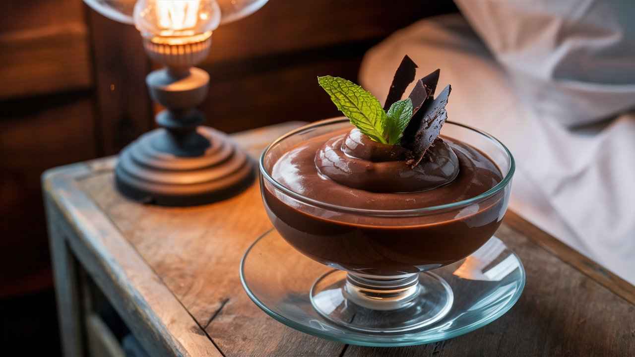 Should you eat protein pudding before bed?.Chocolate protein pudding on a bedside table with mint garnish
