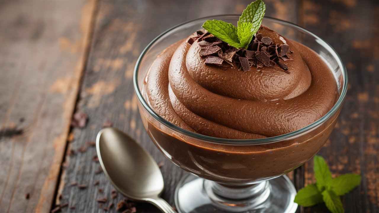 protein pudding recipe.Creamy chocolate protein pudding with mint garnish