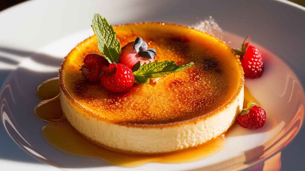 What Type of Cream is Best for Crème Brûlée?.A beautifully presented crème brûlée with berries and mint.