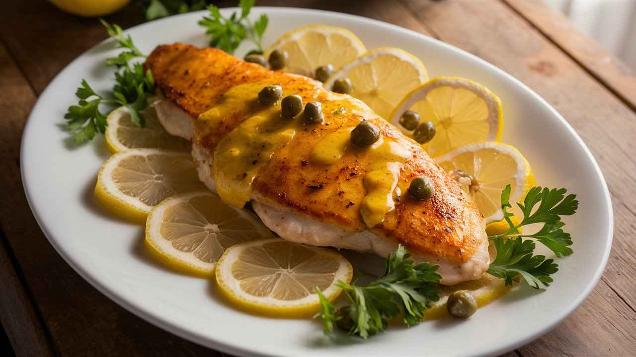 Chicken Piccata drizzled with lemon butter sauce, garnished with capers, parsley, and lemon slices on a white plate.What does Piccata in Italian mean