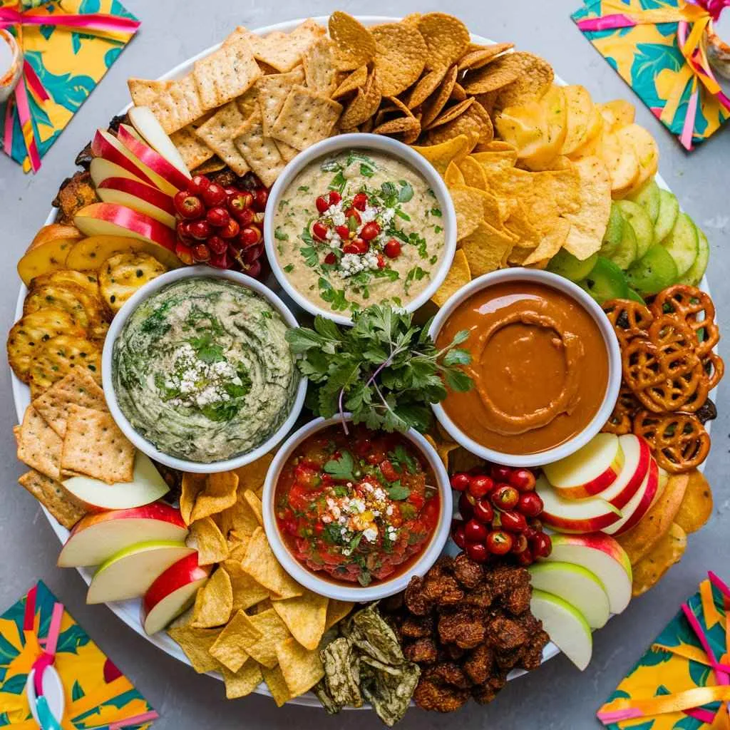 What are different kinds of dips?5 Delicious Types 2 A party platter featuring multiple dips like spinach-artichoke, salsa, and caramel dip, with assorted dippers.What are different kinds of dips?