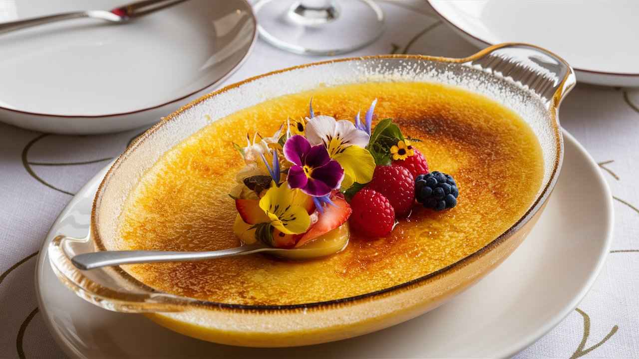 Can I make crème brûlée without ramekins?.Crème brûlée served in an oven-safe glass dish with garnishes.