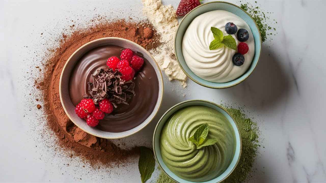 Three bowls of protein pudding in chocolate, vanilla, and matcha flavors, garnished with berries and mint.Are protein puddings healthy?