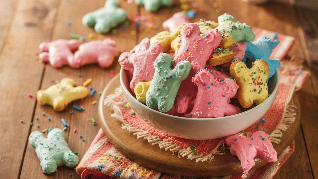 A bowl of iced animal crackers with colorful frosting and sprinkles.Who makes iced animal crackers?