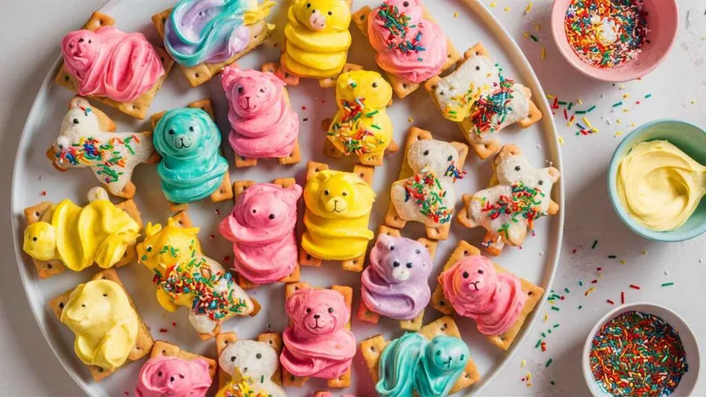 What is the frosting in the frosted animal crackers made of?5 Sweet Secrets 6 A plate of frosted animal crackers with vibrant frosting and sprinkles.What is the frosting in the frosted animal crackers made of?