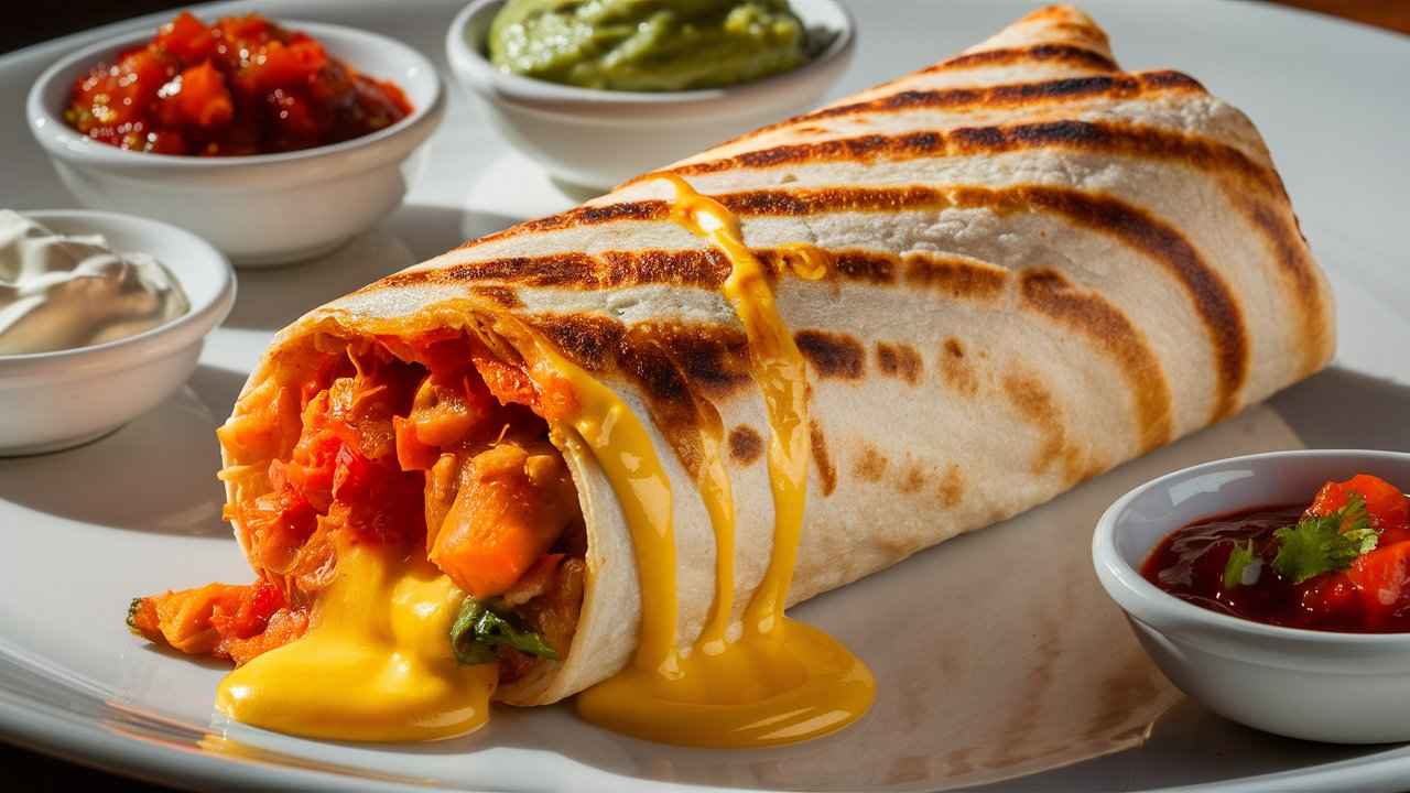 Is the grilled cheese burrito permanent?.A freshly grilled cheese burrito showcasing a crispy, cheesy exterior.