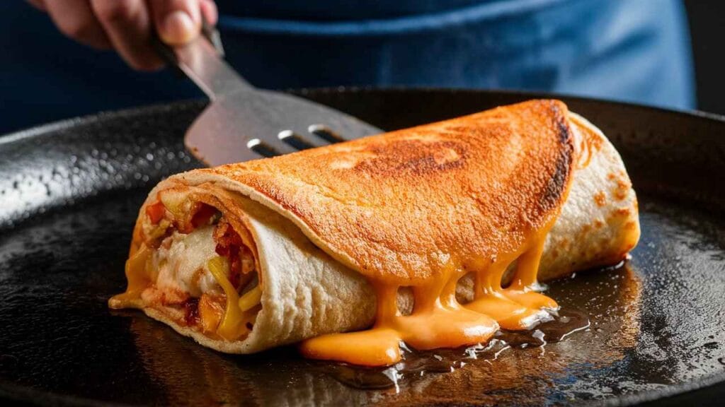 What is the grilled cheese burrito made of?5 Irresistible Ingredients 3 A golden-brown grilled cheese burrito sizzling on a skillet.What is the grilled cheese burrito made of?