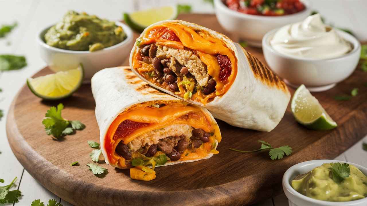 What is the grilled cheese burrito made of? for A grilled cheese burrito sliced in half, showing the colorful filling.