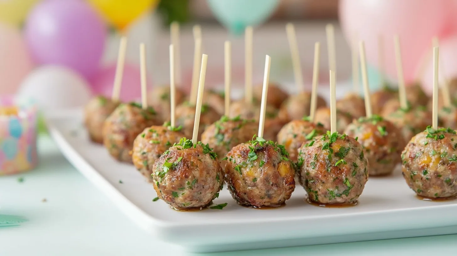 How To Make Meatballs For A Baby Shower.A platter of baby shower meatballs garnished with parsley and served with toothpicks for easy grabbing.