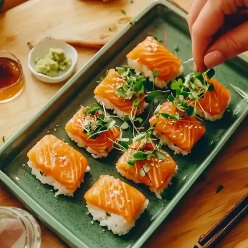 Salmon Nigiri: Easy Homemade Japanese Classic for Families 3 Homemade salmon nigiri photo 00010 on sage green plate with soy sauce, wasabi, and pickled ginger garnishes