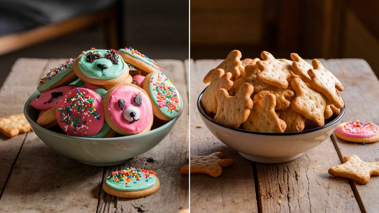 A bowl of frosted animal cookies next to a bowl of animal crackers.Are frosted animal cookies the same as animal crackers?