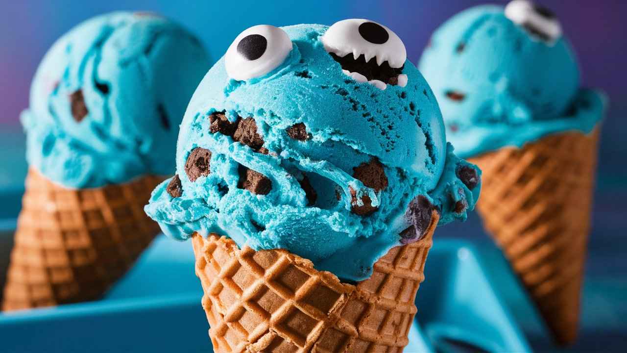 A vibrant scoop of Cookie Monster ice cream with visible cookie chunks on a waffle cone.Why is Cookie Monster ice cream blue