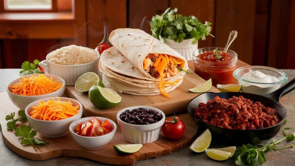 What is the grilled cheese burrito made of?5 Irresistible Ingredients 2 A visually stunning arrangement of grilled cheese burrito ingredients.What is the grilled cheese burrito made of?