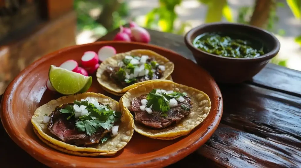 What Are Tacos Made from Cow Tongue Called? 5 Amazing Facts 2 Tacos De Lengua.A rustic plate with three tacos de lengua (beef tongue tacos) served on soft corn tortillas, topped with fresh cilantro and finely chopped onions. The dish is accompanied by a wedge of lime, sliced radishes, and a side of green salsa in a small bowl, placed on a wooden table with a blurred outdoor background