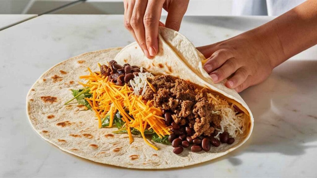 What is the grilled cheese burrito made of?5 Irresistible Ingredients 6 A close-up of a tortilla being filled with cheese, rice, beans, and meat.What is the grilled cheese burrito made of?