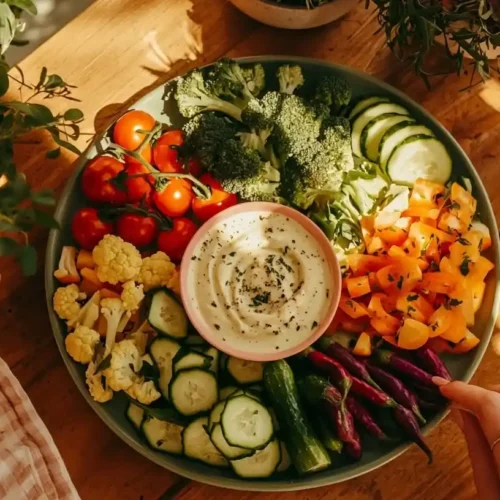 Vegetable Tray: Easy, Fresh Options for Family Gatherings 3 Colorful rainbow vegetable tray photo 001 with assorted fresh vegetables arranged around creamy herb dip on sage green platter
