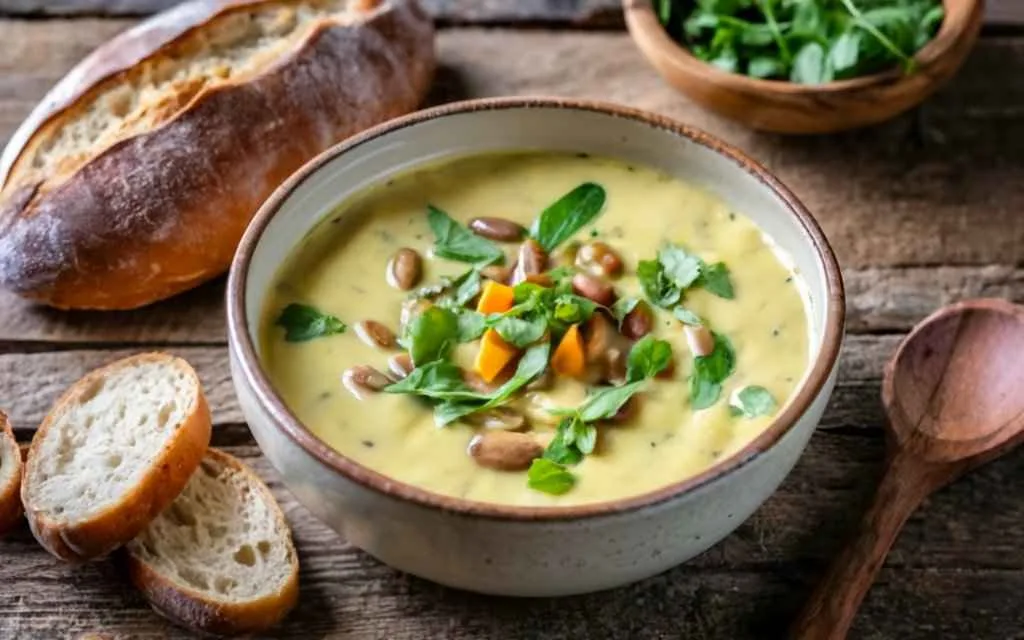 What Makes Bean Soup Thicker? Expert Tips And Tricks 2 What makes bean soup thicker?.A Bowl Of Creamy Bean Soup Garnished With Fresh Herbs, Served On A Wooden Table Alongside A Spoon And Bread Slices.