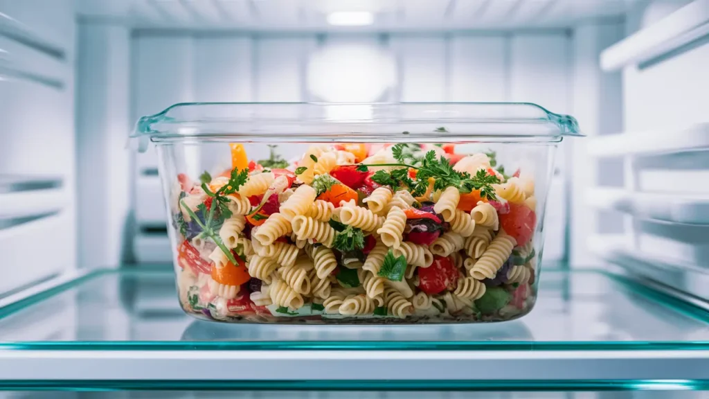 What are the five mistakes to avoid pasta salad? 5 Secrets 5 A glass container with freshly made pasta salad stored in the fridge.for What are the five mistakes to avoid pasta salad?