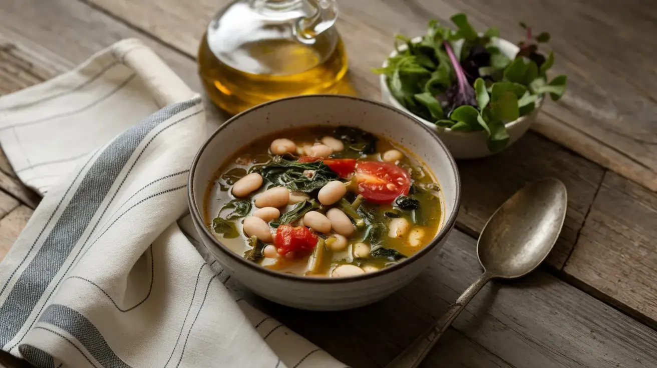 Is Escarole and Beans Good for You? 4 Secrets 4 A Steaming Bowl Of Escarole And Beans Soup Garnished With Red Pepper Flakes.Is Escarole and Beans Good for You?