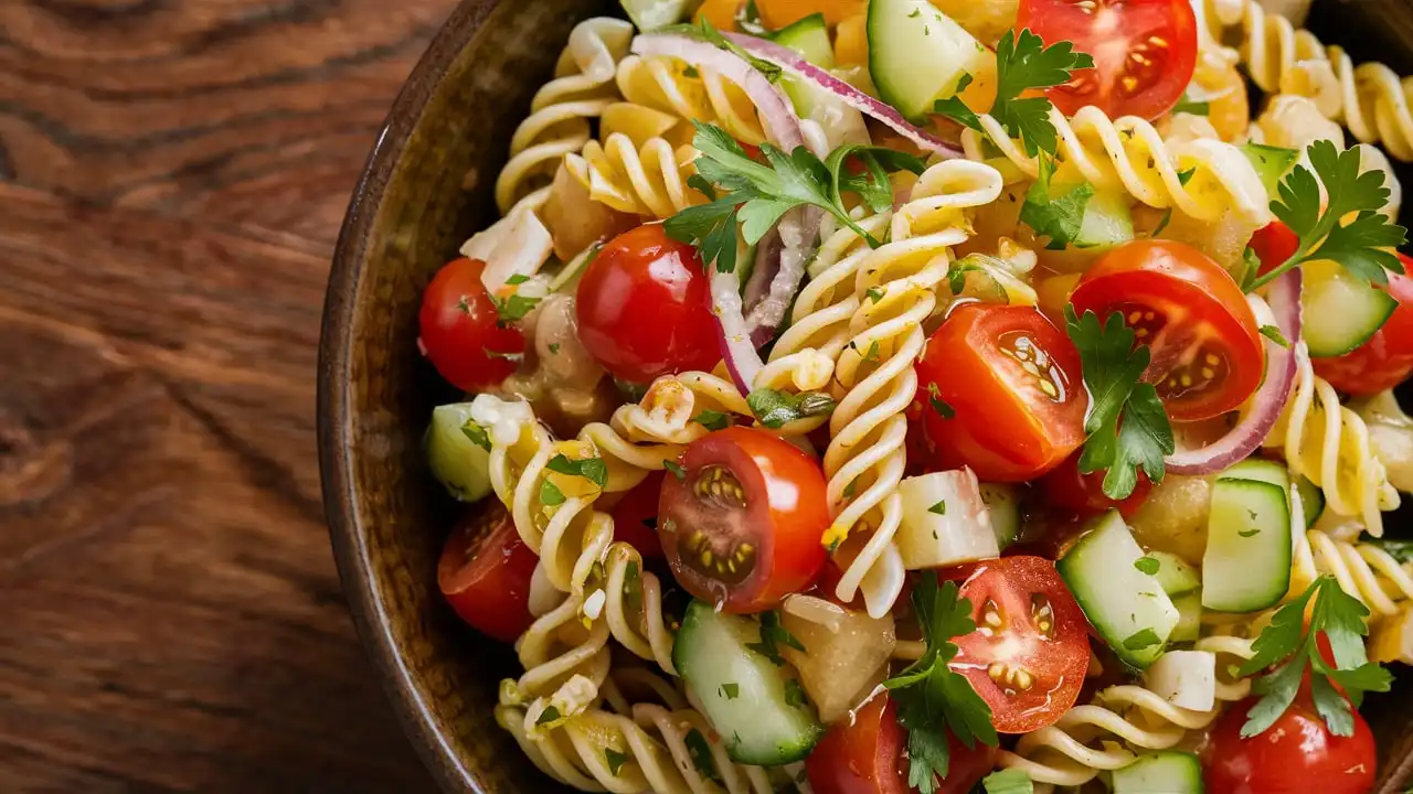 for What are the five mistakes to avoid pasta salad? A vibrant pasta salad with a balance of colorful vegetables, herbs, and dressing.
