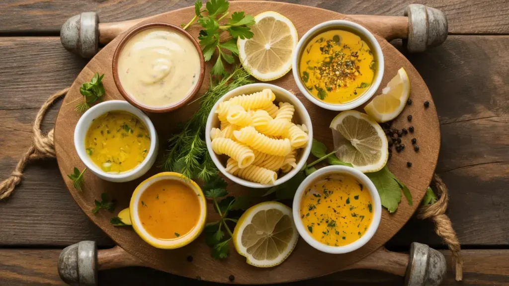 What are the five mistakes to avoid pasta salad? 5 Secrets 3 Various pasta salad dressings in bowls with ingredients like olive oil, vinegar, and mustard on the side.for What are the five mistakes to avoid pasta salad?