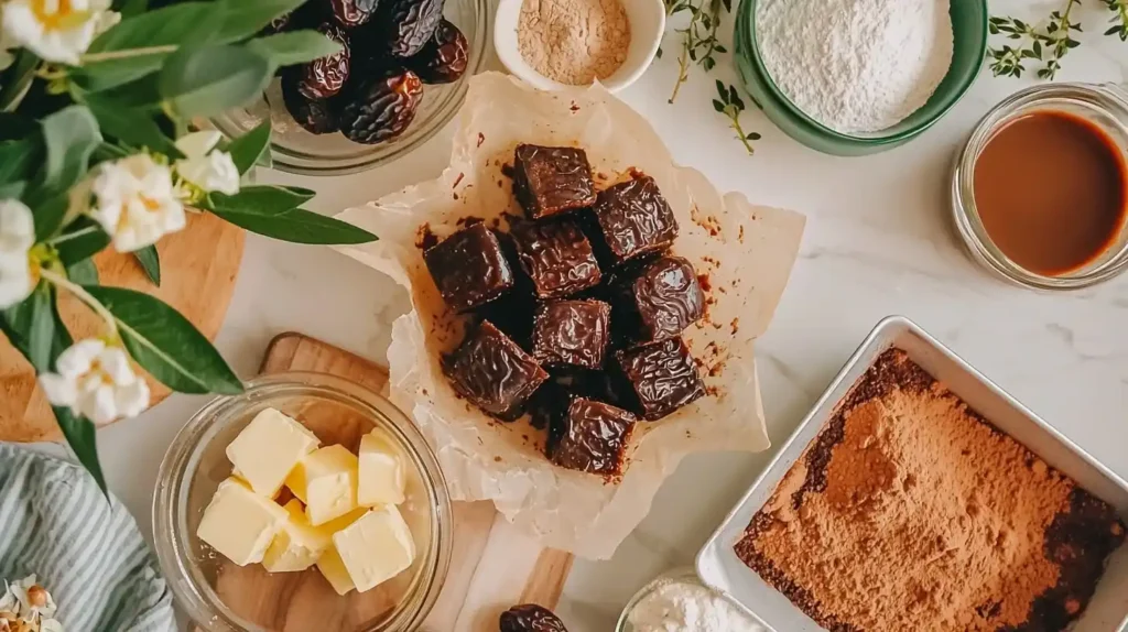 Sticky Toffee Pudding with Brownie: Decadent Fusion Dessert 2 Ingredients for Sticky Toffee Pudding with Brownie PHOTO 6 including dates, dark chocolate, brown sugar, butter, and molasses arranged on marble surface