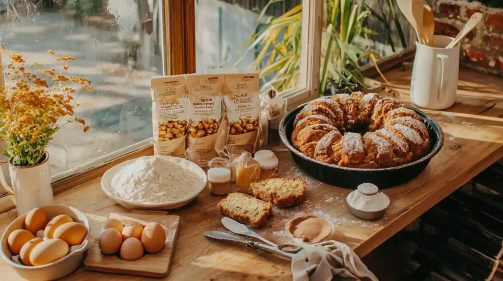 Gluten Free Monkey Bread: Pull-Apart Cinnamon Delight 2 Ingredients for gluten free monkey bread photo 3 including gluten-free flour, sugars, cinnamon, and yeast arranged on wooden surface
